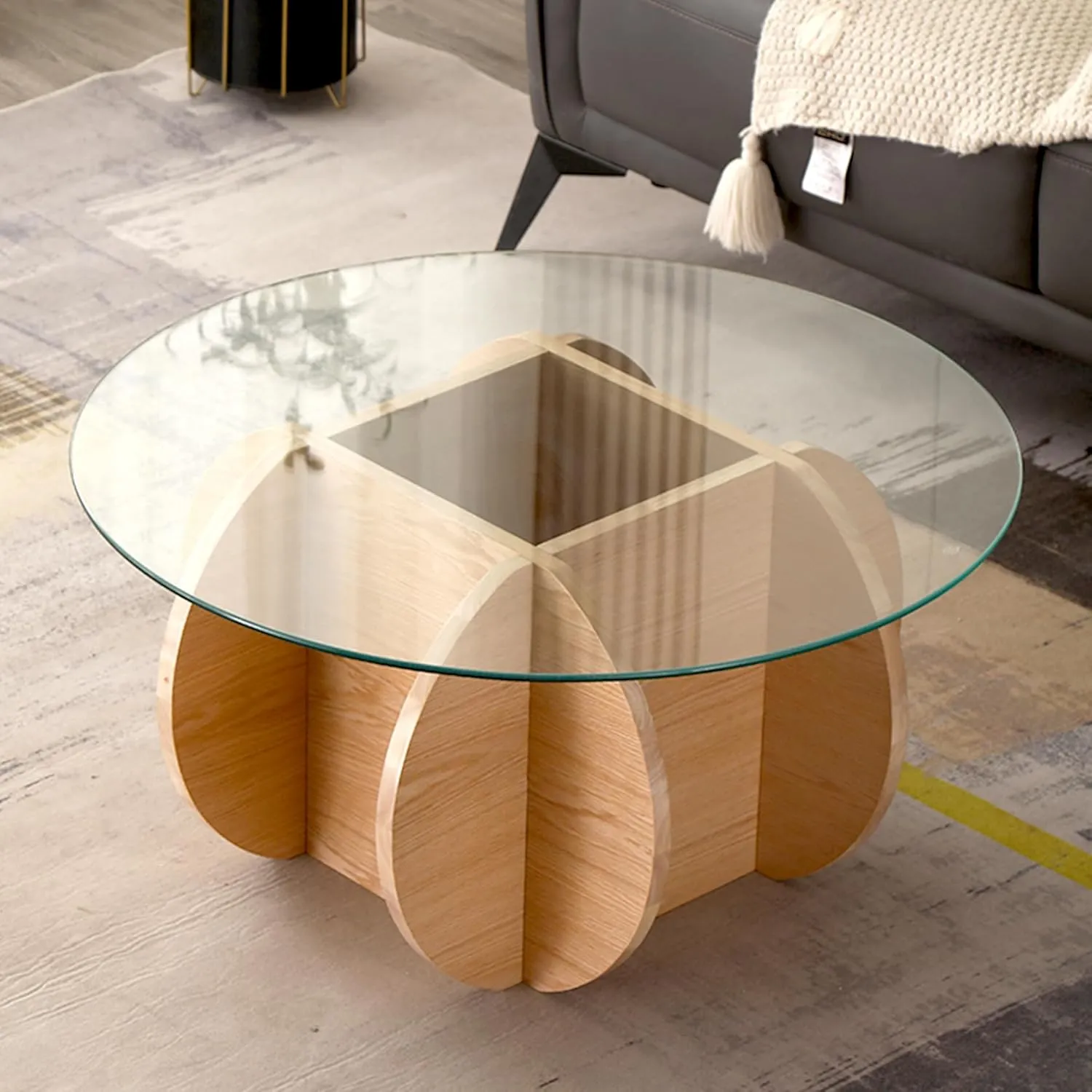 Glass Coffee Tables for Living Room Modern Elegant Round Coffee Table Mid Century Farmhouse Center Table with Solid Wood Frame and Tempered Glass Tabletop, Easy Assembly,31.5''