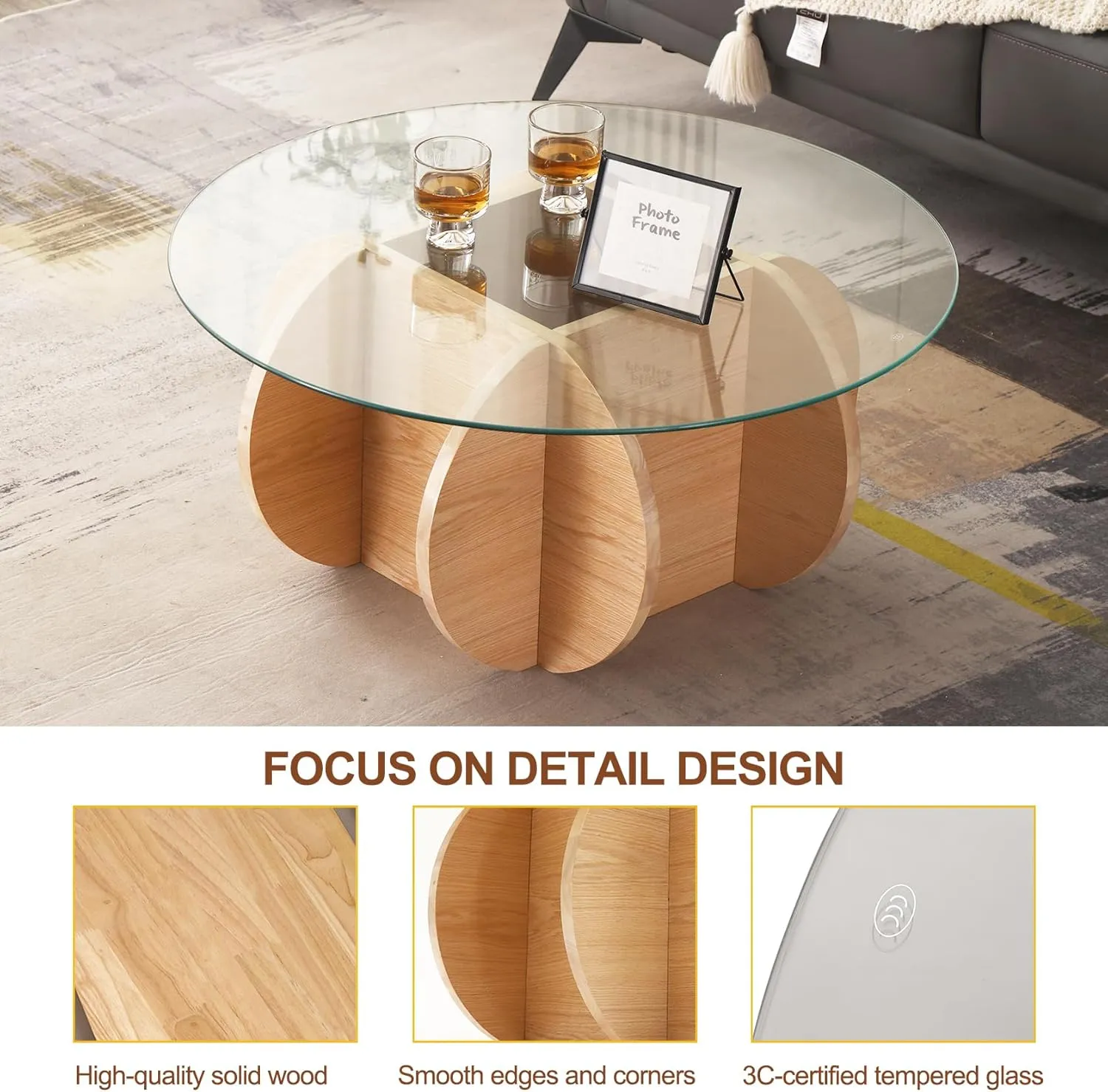 Glass Coffee Tables for Living Room Modern Elegant Round Coffee Table Mid Century Farmhouse Center Table with Solid Wood Frame and Tempered Glass Tabletop, Easy Assembly,31.5''