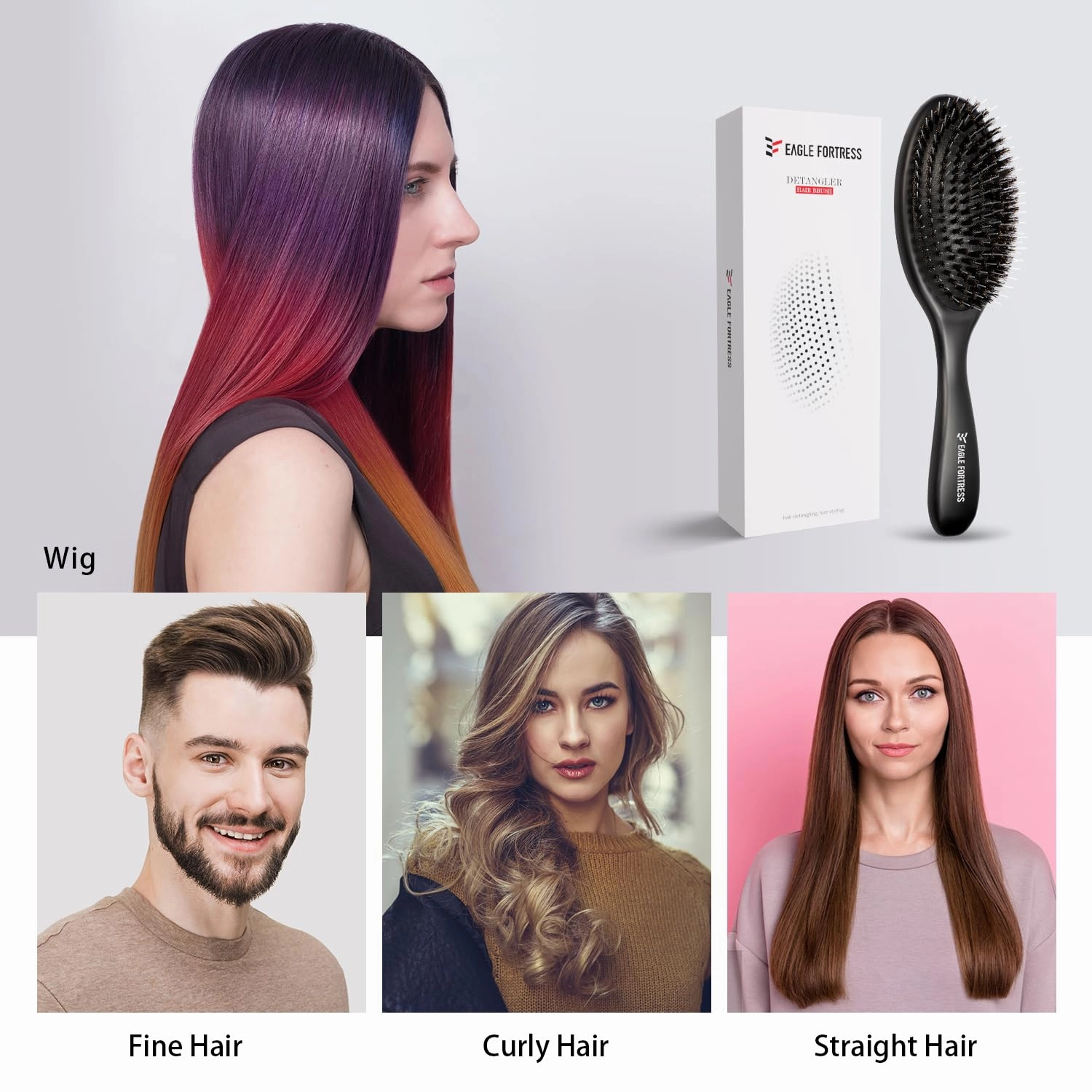 Glidease Matte Boar Bristle Hair Brush with Nylon Refined Smooth Bristle for Women, Men, and Kids - Effortless Detangler Hair Brush Ideal for Thick, Thin, Fine All Hair (Black)