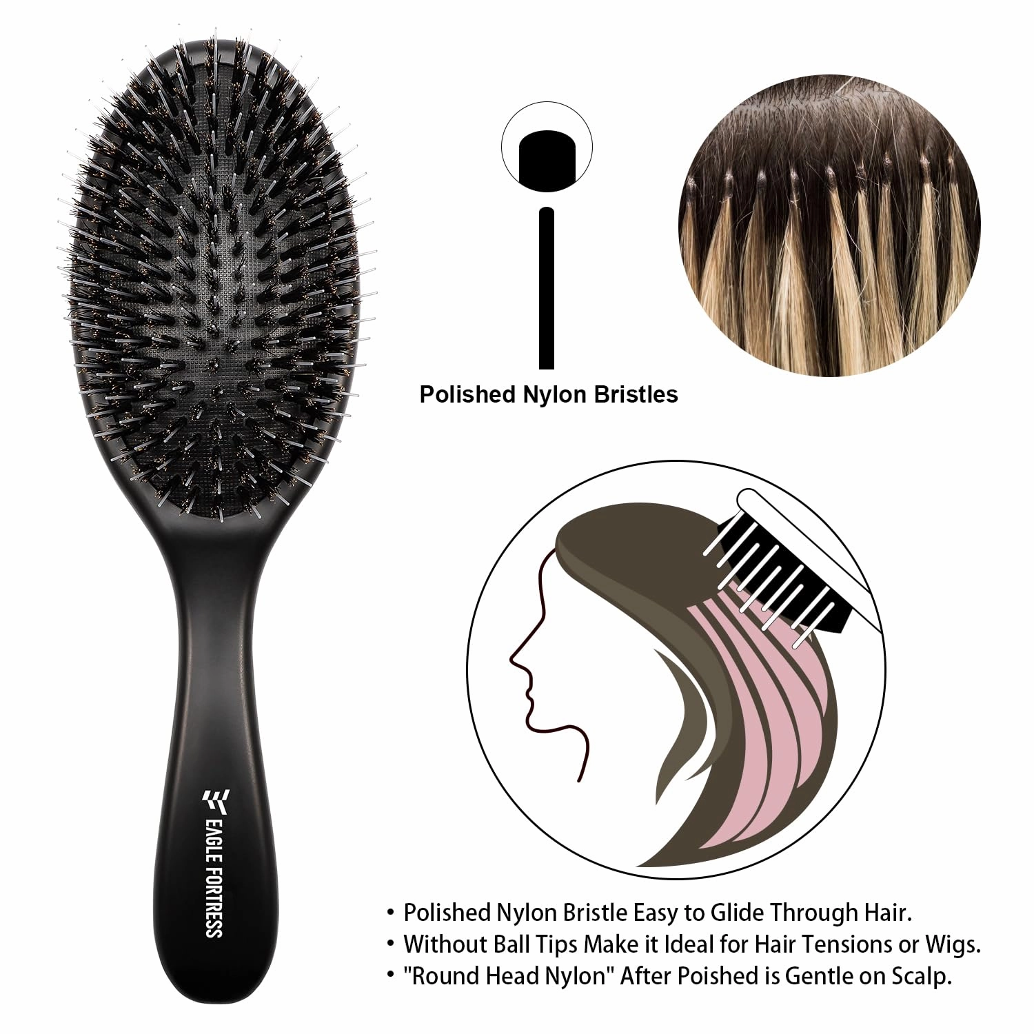 Glidease Matte Boar Bristle Hair Brush with Nylon Refined Smooth Bristle for Women, Men, and Kids - Effortless Detangler Hair Brush Ideal for Thick, Thin, Fine All Hair (Black)