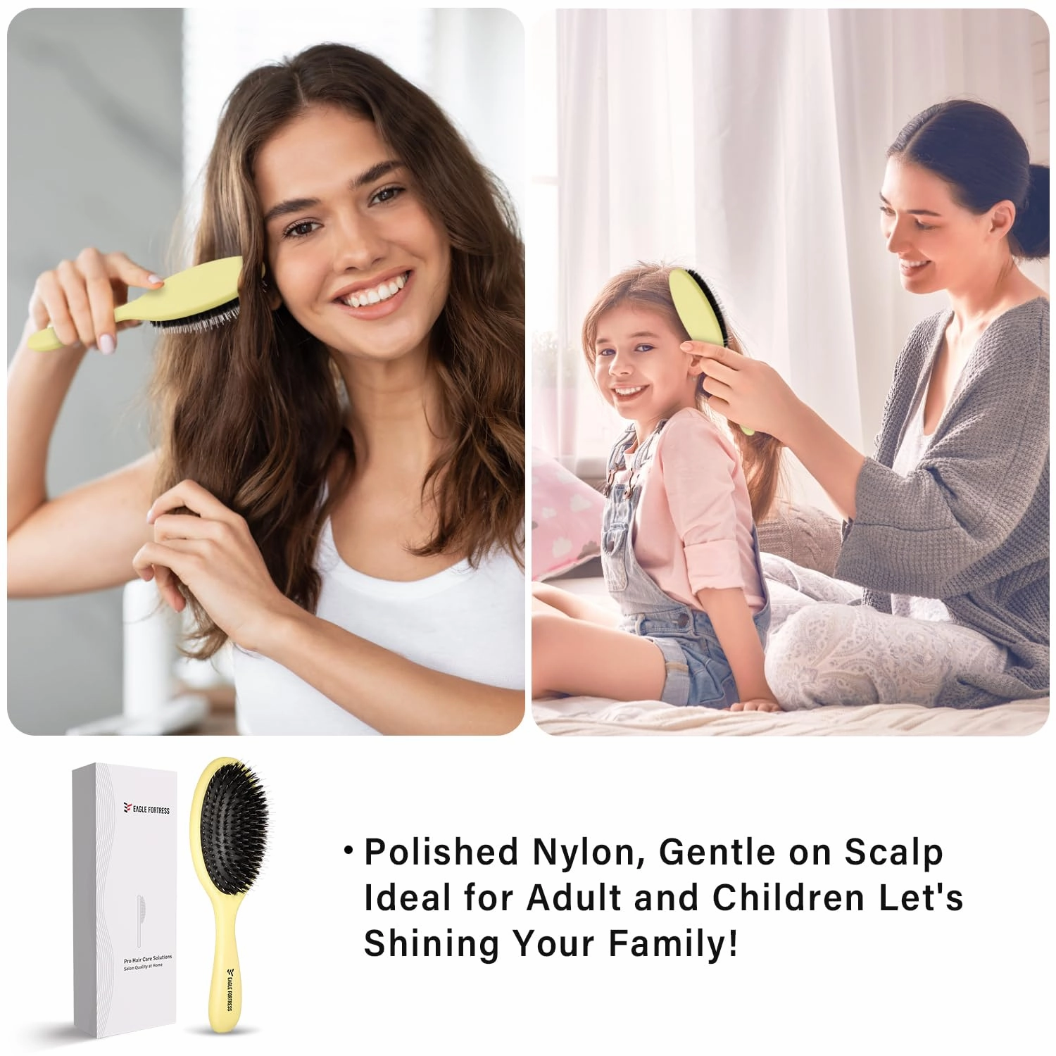 Glidease Matte Boar Bristle Hair Brush without Ball Tips, Smooth Bristle for Women, Men, and Kids - Effortless Detangler Hair Brush Ideal for Thick, Thin, Fine All Hair (Yellow)