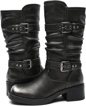 GLOBALWIN Women's Motorcycle Boots Fall Fashion Mid Calf Boots For Women Square Toe Low Heel Size 10M