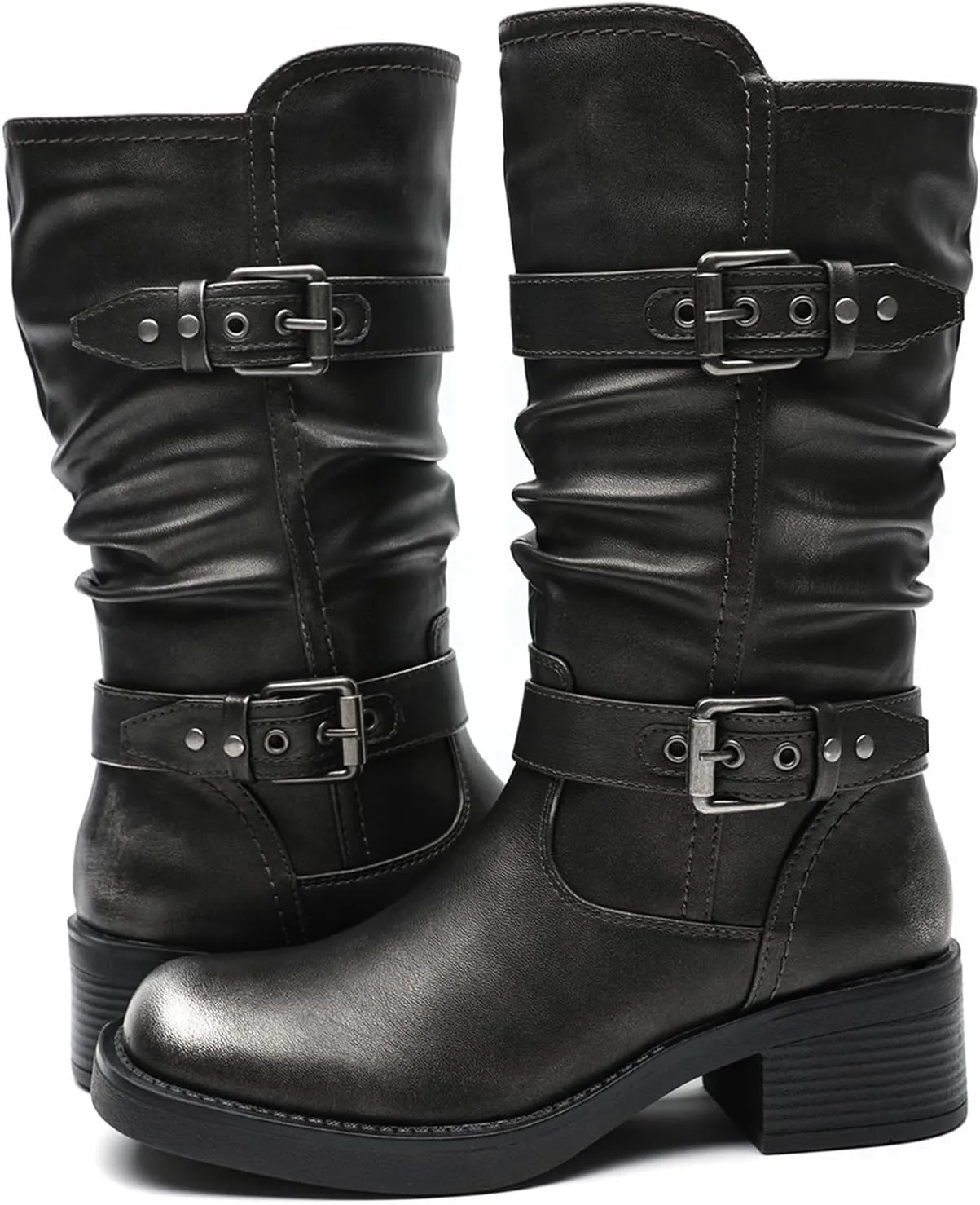 GLOBALWIN Women's Motorcycle Boots Fall Fashion Mid Calf Boots For Women Square Toe Low Heel Size 10M