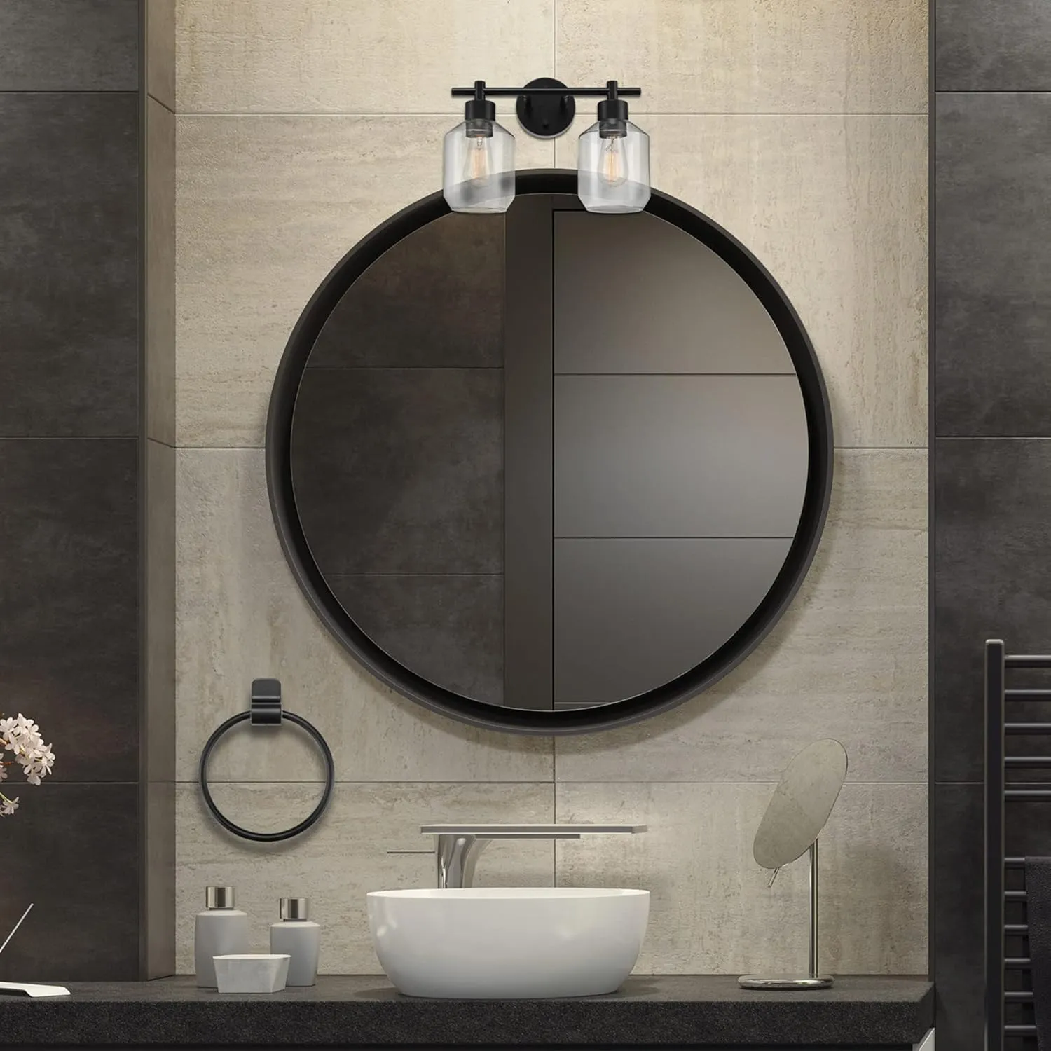 GLOBE Electric 51850 Cannes 3-Piece Powder Room Set, Matte Black, 2-Light Vanity Light with Clear Glass Shades, Toilet Paper Holder, Towel Ring, Bulb Not Included