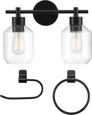 GLOBE Electric 51850 Cannes 3-Piece Powder Room Set, Matte Black, 2-Light Vanity Light with Clear Glass Shades, Toilet Paper Holder, Towel Ring, Bulb Not Included