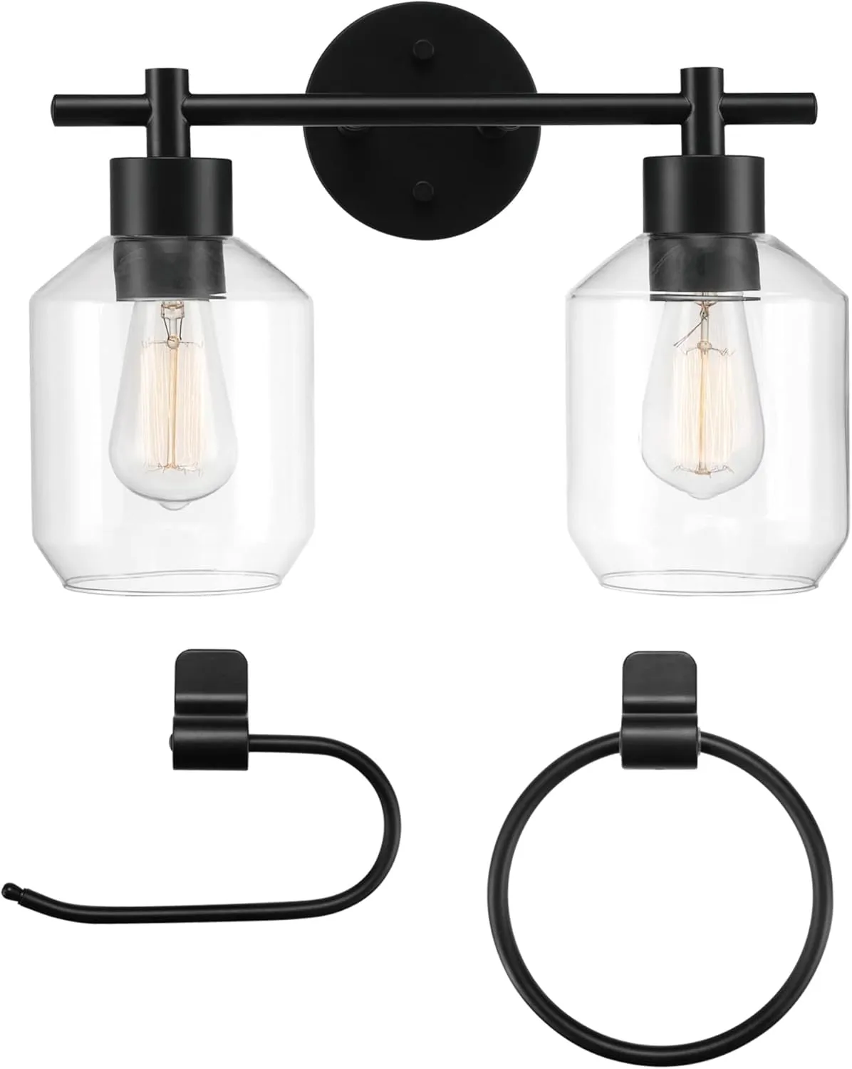 GLOBE Electric 51850 Cannes 3-Piece Powder Room Set, Matte Black, 2-Light Vanity Light with Clear Glass Shades, Toilet Paper Holder, Towel Ring, Bulb Not Included