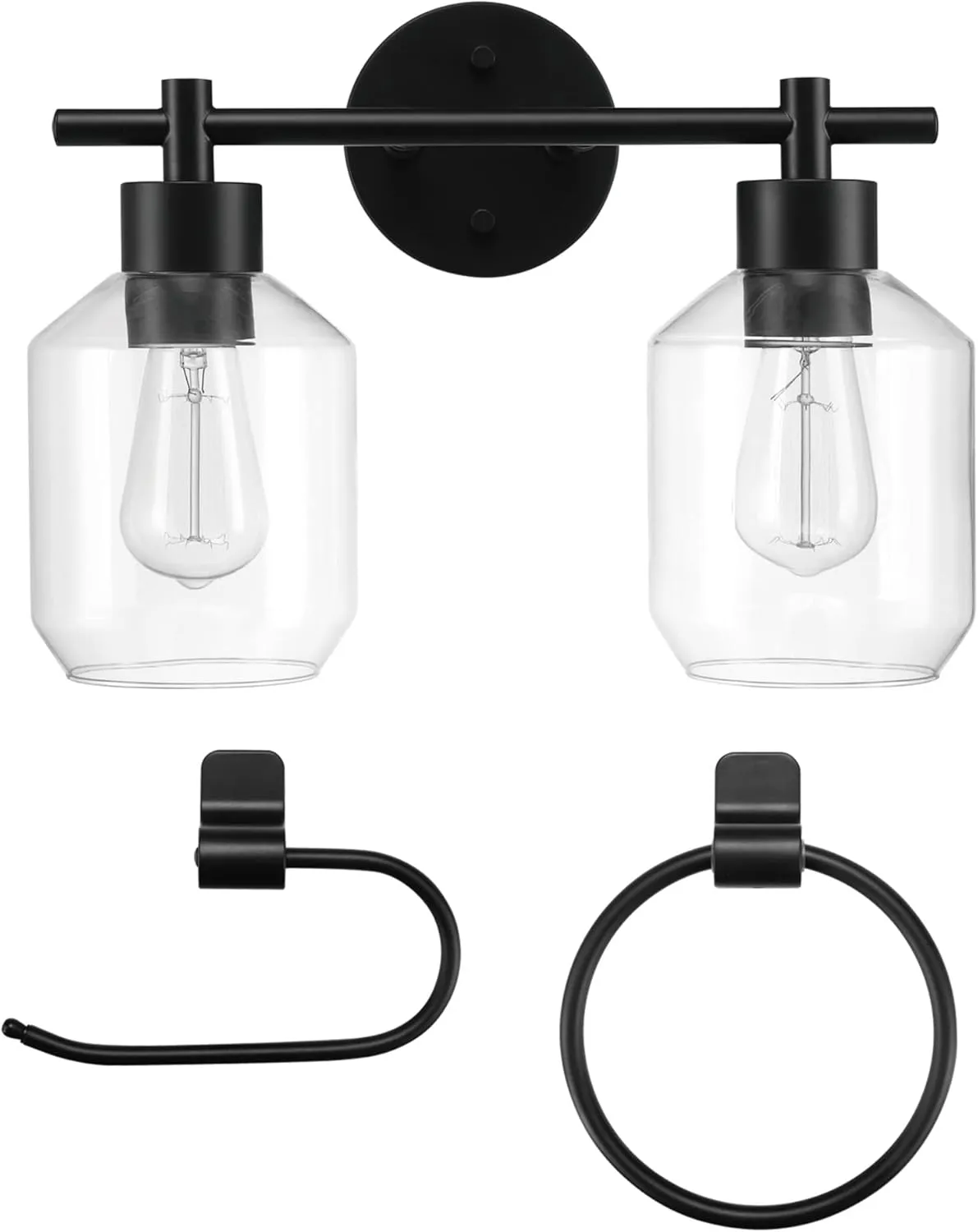 GLOBE Electric 51850 Cannes 3-Piece Powder Room Set, Matte Black, 2-Light Vanity Light with Clear Glass Shades, Toilet Paper Holder, Towel Ring, Bulb Not Included