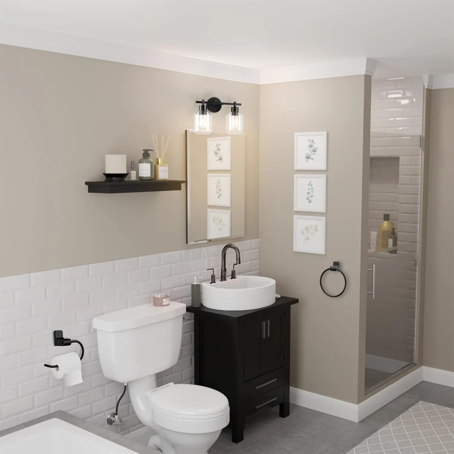 GLOBE Electric 51850 Cannes 3-Piece Powder Room Set, Matte Black, 2-Light Vanity Light with Clear Glass Shades, Toilet Paper Holder, Towel Ring, Bulb Not Included