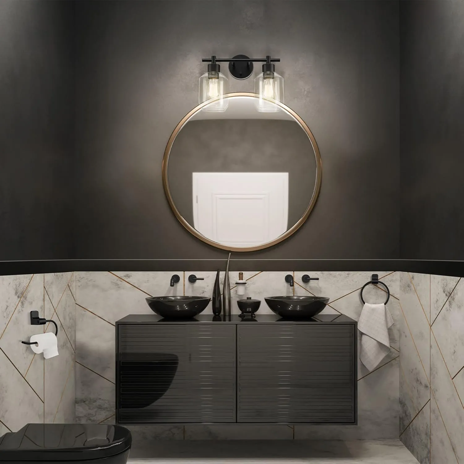 GLOBE Electric 51850 Cannes 3-Piece Powder Room Set, Matte Black, 2-Light Vanity Light with Clear Glass Shades, Toilet Paper Holder, Towel Ring, Bulb Not Included