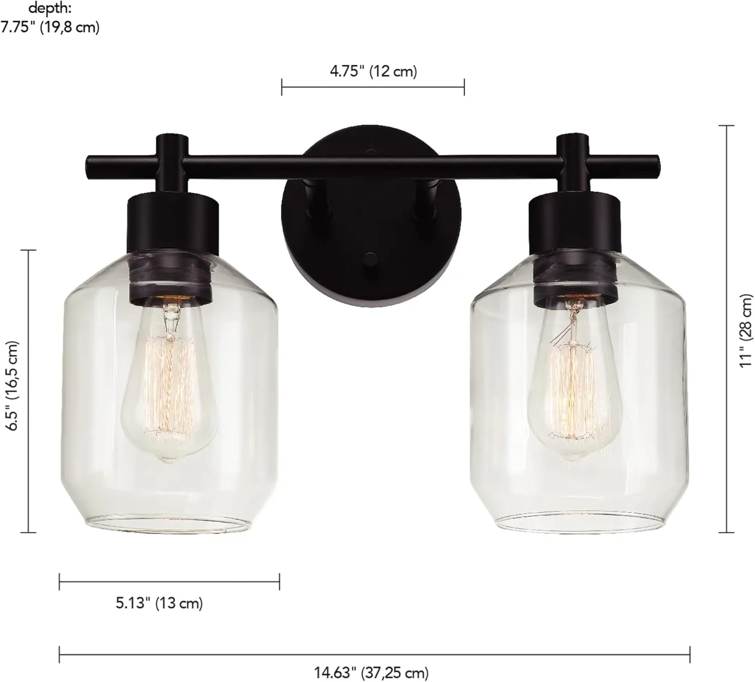 GLOBE Electric 51850 Cannes 3-Piece Powder Room Set, Matte Black, 2-Light Vanity Light with Clear Glass Shades, Toilet Paper Holder, Towel Ring, Bulb Not Included