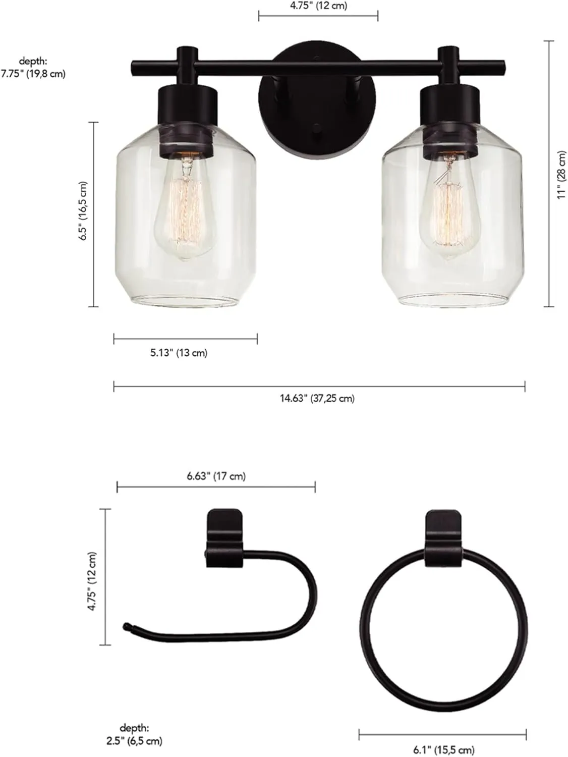 GLOBE Electric 51850 Cannes 3-Piece Powder Room Set, Matte Black, 2-Light Vanity Light with Clear Glass Shades, Toilet Paper Holder, Towel Ring, Bulb Not Included