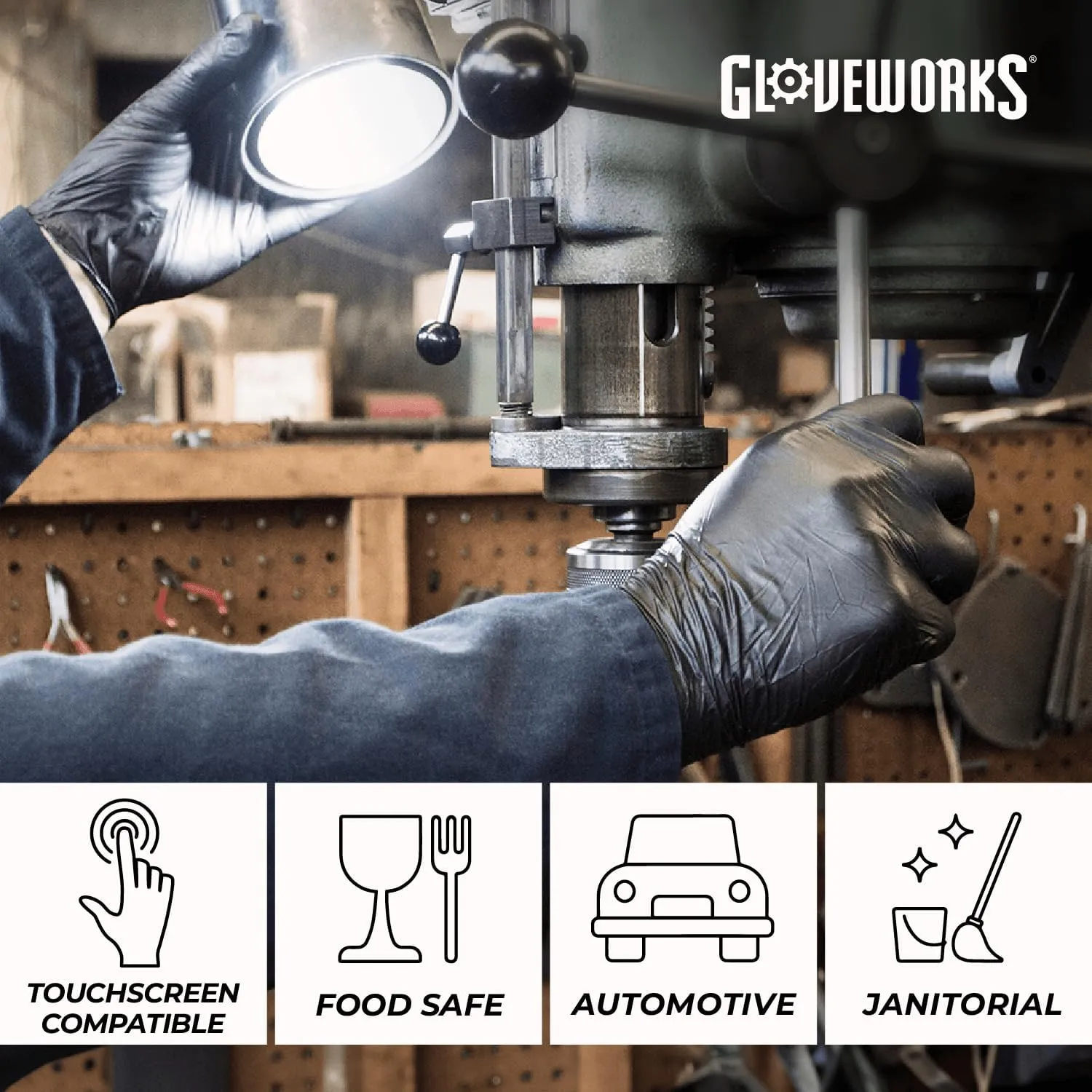 GLOVEWORKS Black Disposable Nitrile Industrial Gloves, 5 Mil, Latex & Powder-Free, Food-Safe, Textured