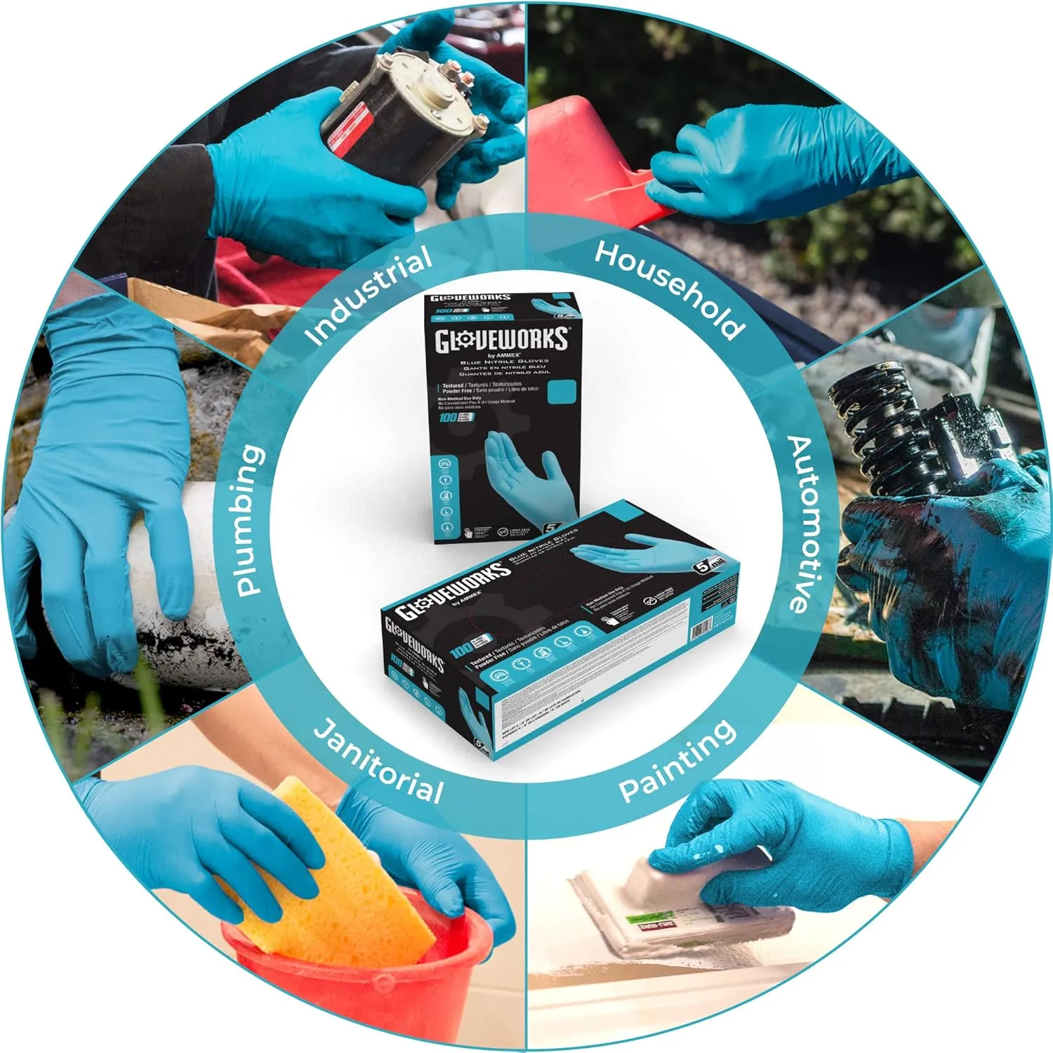 GLOVEWORKS Blue Disposable Nitrile Industrial Gloves, 5 Mil, Latex & Powder-Free, Food-Safe, Textured, Large, Box of 100