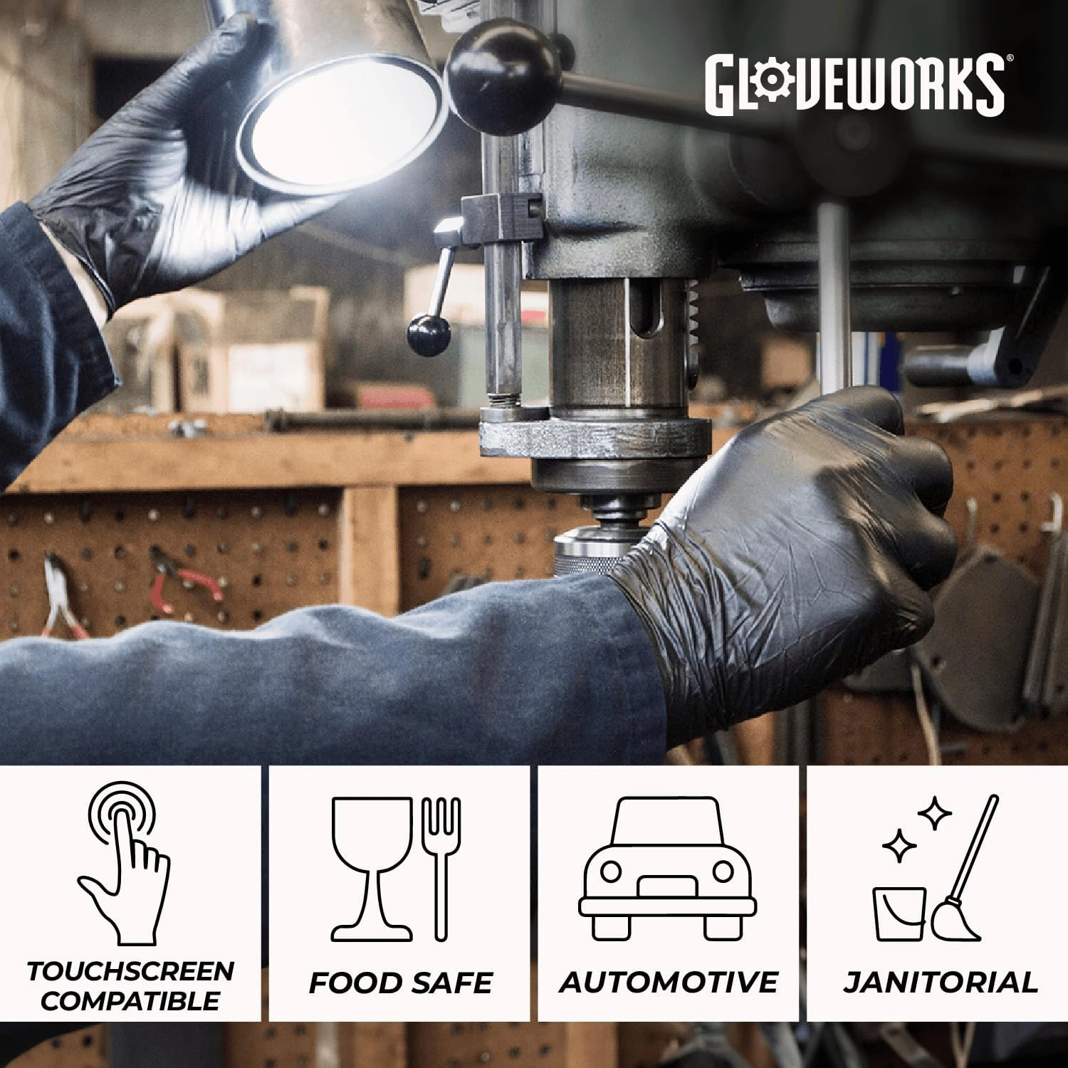 GLOVEWORKS Black Disposable Nitrile Industrial Gloves, 5 Mil, Latex & Powder-Free, Food-Safe, Textured