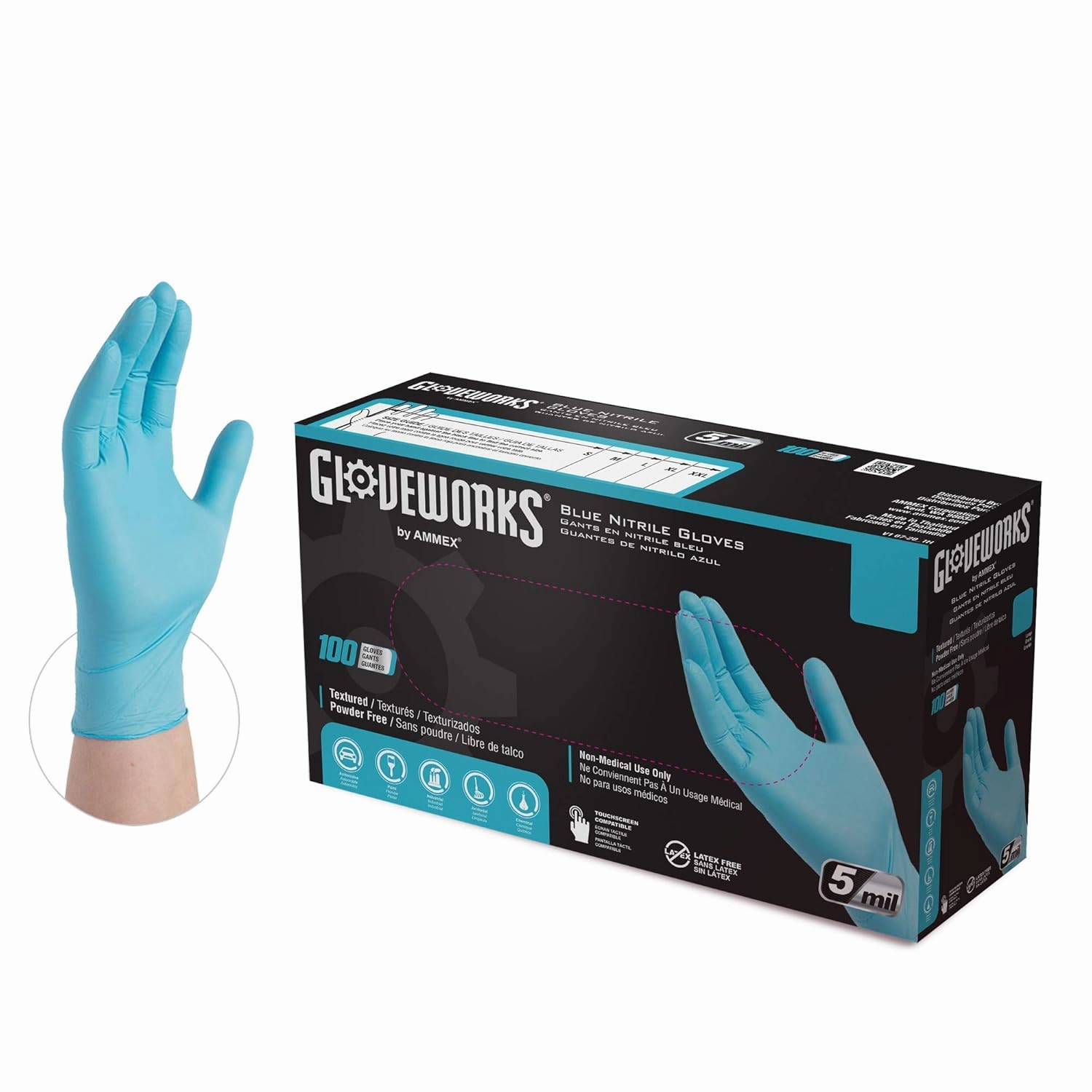 GLOVEWORKS Blue Disposable Nitrile Industrial Gloves, 5 Mil, Latex & Powder-Free, Food-Safe, Textured, Large, Box of 100