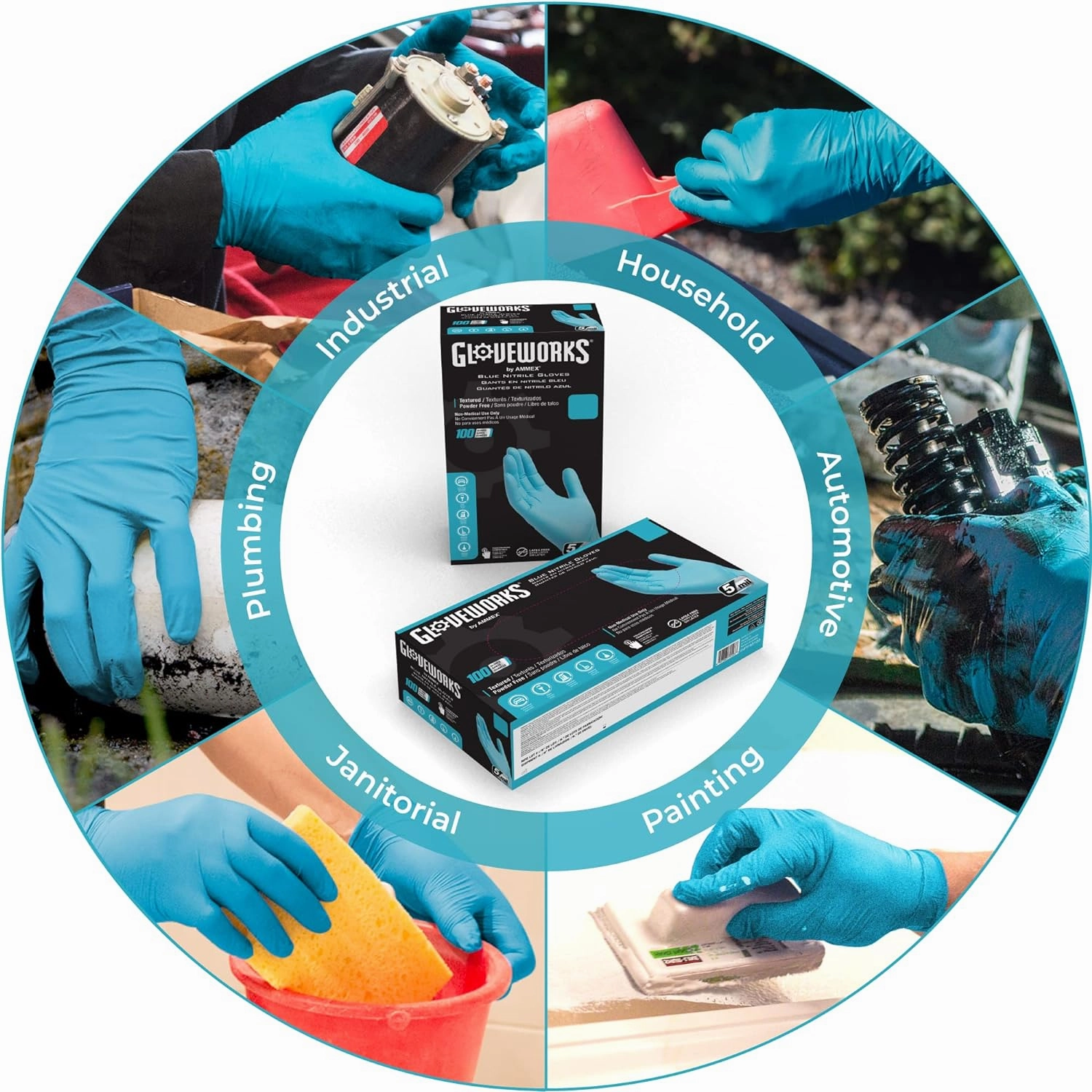 GLOVEWORKS Blue Disposable Nitrile Industrial Gloves, 5 Mil, Latex & Powder-Free, Food-Safe, Textured, Large, Box of 100