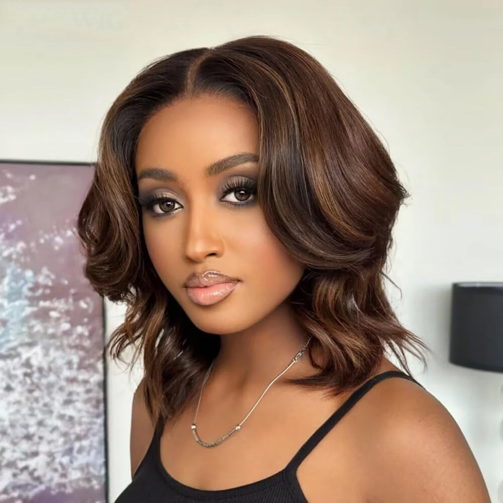 Glueless Ombre Brown Highlight Fluffy Wave Human Hair Wig Pre Plucked for Black Women ,Brazilian Virgin Hair ,13X4 HD Transparent Lace Front,Invisible Bleached Knots,Natural Baby Hair 8 inch