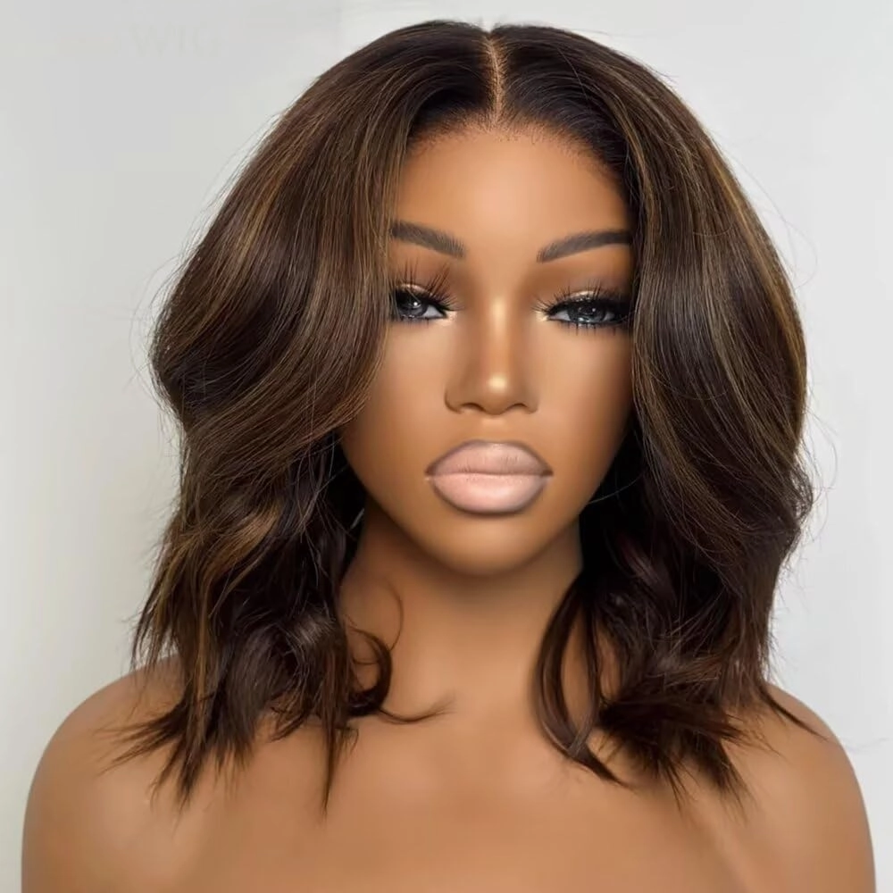 Glueless Ombre Brown Highlight Fluffy Wave Human Hair Wig Pre Plucked for Black Women ,Brazilian Virgin Hair ,13X4 HD Transparent Lace Front,Invisible Bleached Knots,Natural Baby Hair 8 inch