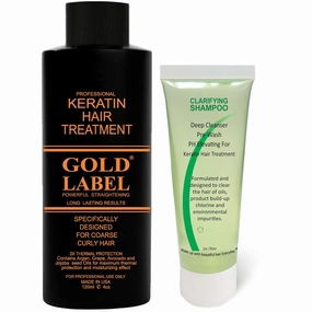 GOLD LABEL Brazilian Keratin Blowout Hair Treatment Super Enhanced Winning Formula All Hair Types & Colors Incl Blondes, Bleached, Coarse, Curly, Black African, Dominican Brazilian (4oz Kit)