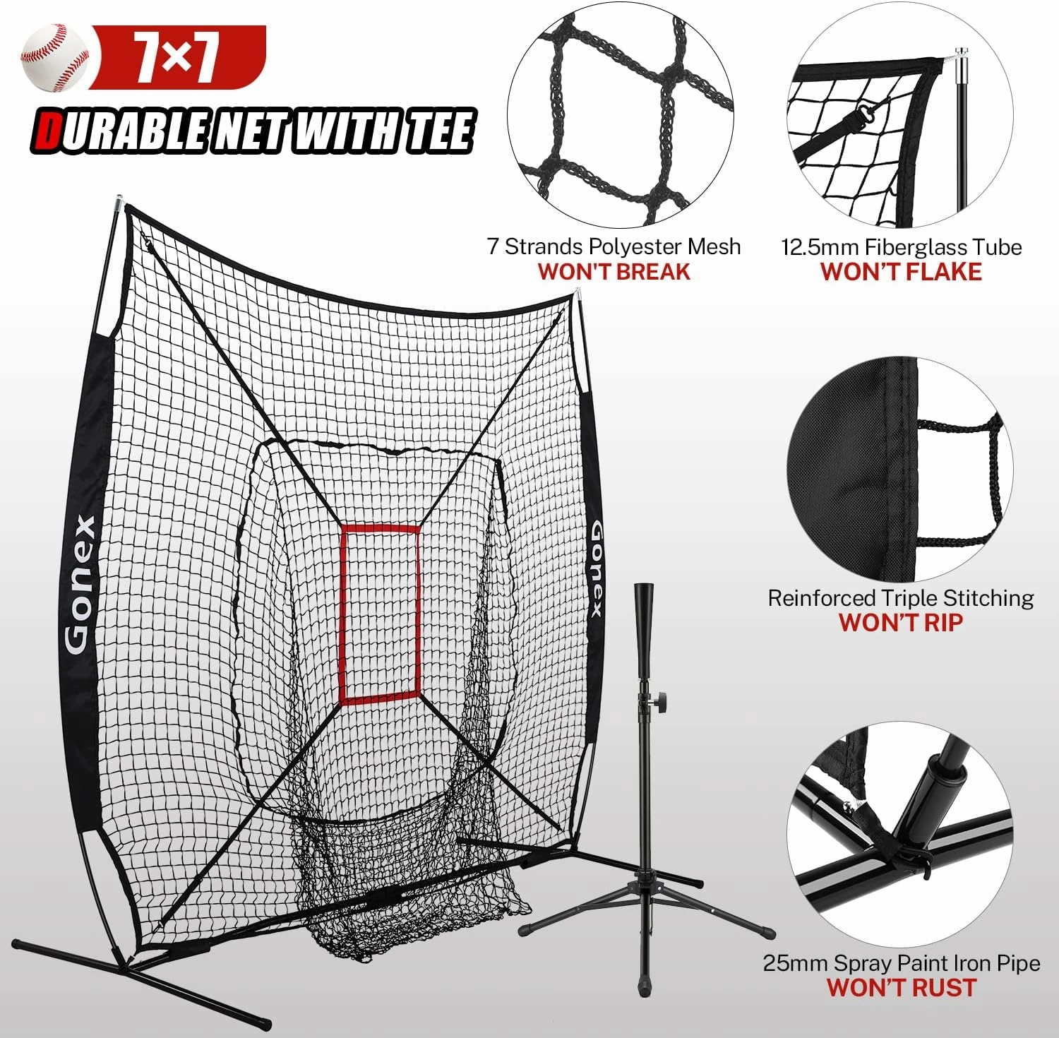 Gonex 7' x 7' Baseball Softball Practice Net Set with Batting Tee for Hitting and Pitching Batting, Practice Training Aid, with Strike Zone, Large Mouth, Bow Frame, Carrying Bag
