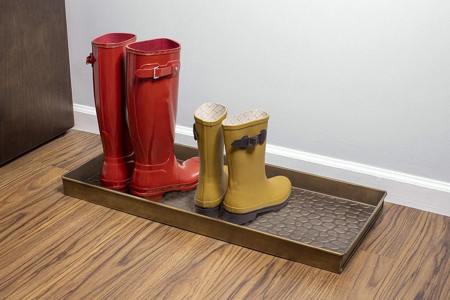 Good Directions Medium Boot Tray, Pebbles Multi-Purpose All Weather Decorative Boot Tray, Shoes, Plants, Garage, Patio Door, Pet Bowls, 30 inch Entry Indoor Shoe Tray, Brass Finish