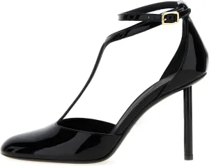 Goolita Round Closed Toe T-Strap Cherry Red Stiletto Heels For Women, Patent Leather Buckle Strap Office Dress Pumps Shoes