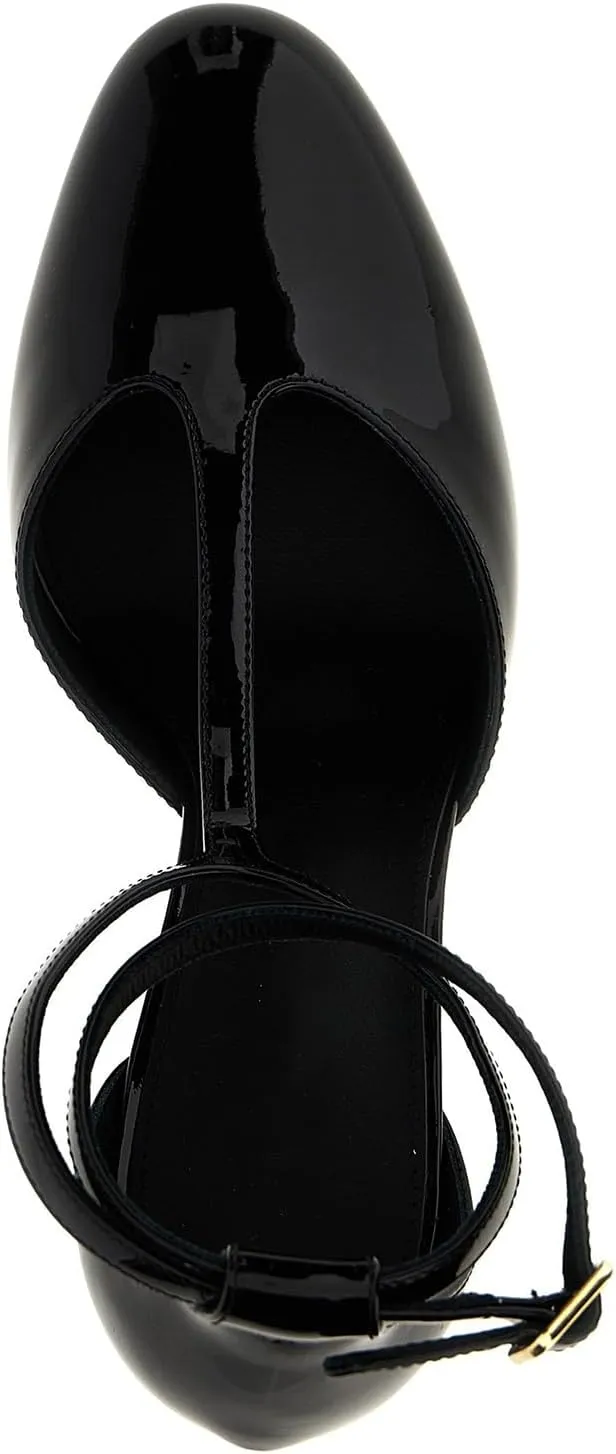 Goolita Round Closed Toe T-Strap Cherry Red Stiletto Heels For Women, Patent Leather Buckle Strap Office Dress Pumps Shoes