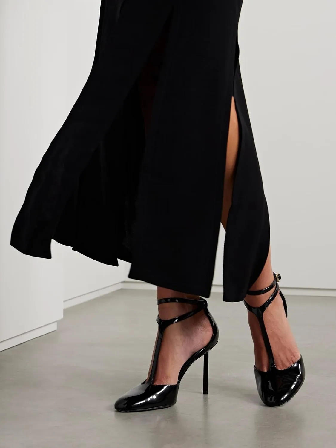 Goolita Round Closed Toe T-Strap Cherry Red Stiletto Heels For Women, Patent Leather Buckle Strap Office Dress Pumps Shoes