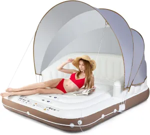 Goplus Inflatable Canopy Island, 73” Tanning Pool Lounger Float w/Retractable&Removable Canopy, SPF50 , 3 Comfy Pillows, Giant Pool Float Load 440 LBS for 2-3 Person Lake Beach Garden