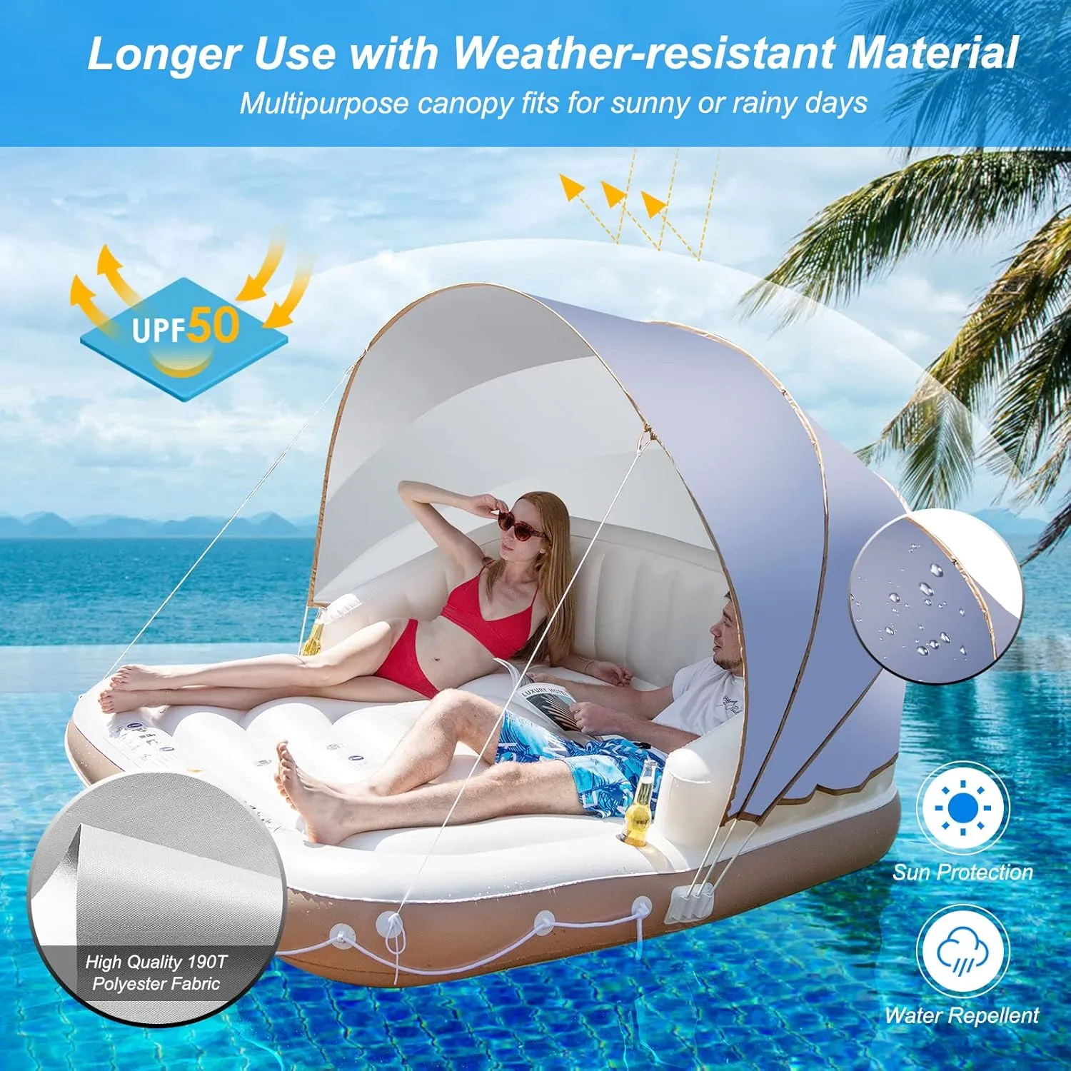 Goplus Inflatable Canopy Island, 73” Tanning Pool Lounger Float w/Retractable&Removable Canopy, SPF50 , 3 Comfy Pillows, Giant Pool Float Load 440 LBS for 2-3 Person Lake Beach Garden