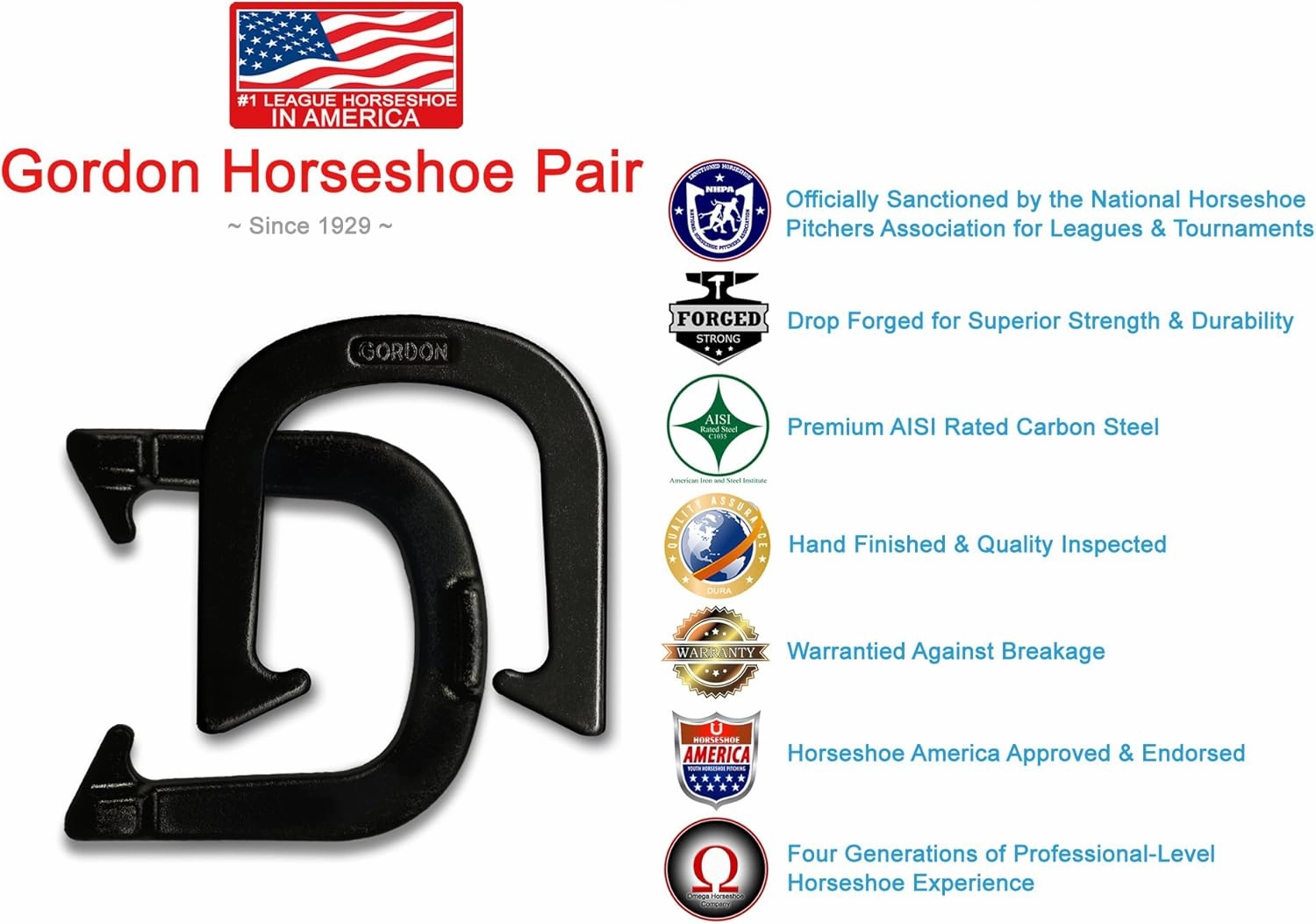 Gordon Professional Pitching Horseshoes - NHPA Sanctioned for Tournament Play - Drop Forged Construction - One Pair (2 Shoes) - Medium Weight