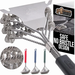 GORILLA GRIP Heavy Duty No Bristle Triple Helix Grill Brush with Scraper for Outdoor Grills, Safe Steam Cleaning, Oversized Handle with Bottle Opener, Dishwasher Safe BBQ Tools, 17.5 Inch, Black