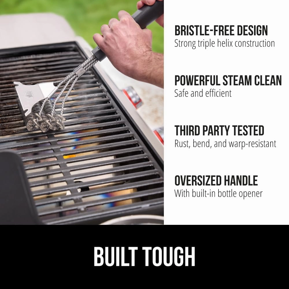 GORILLA GRIP Heavy Duty No Bristle Triple Helix Grill Brush with Scraper for Outdoor Grills, Safe Steam Cleaning, Oversized Handle with Bottle Opener, Dishwasher Safe BBQ Tools, 17.5 Inch, Black