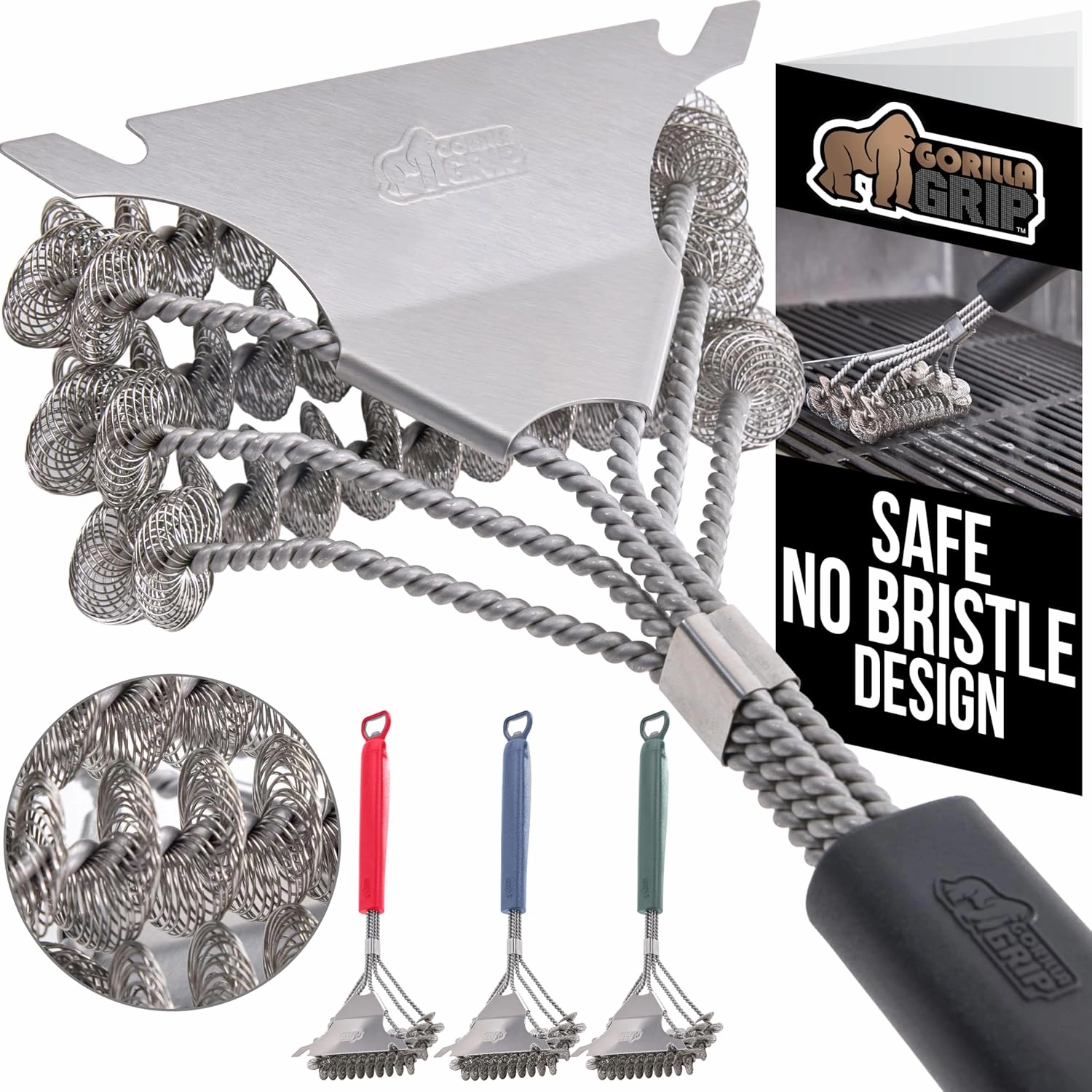 GORILLA GRIP Heavy Duty No Bristle Triple Helix Grill Brush with Scraper for Outdoor Grills, Safe Steam Cleaning, Oversized Handle with Bottle Opener, Dishwasher Safe BBQ Tools, 17.5 Inch, Black