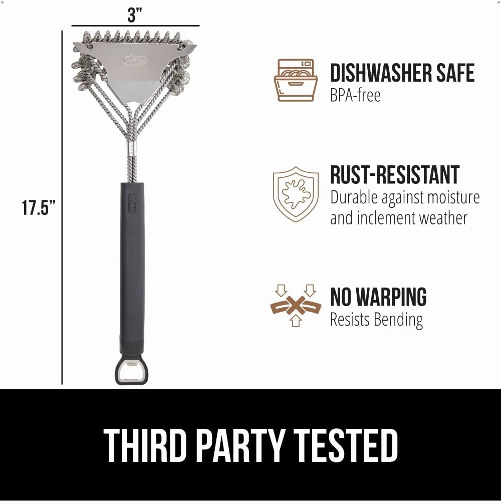 GORILLA GRIP Heavy Duty No Bristle Triple Helix Grill Brush with Scraper for Outdoor Grills, Safe Steam Cleaning, Oversized Handle with Bottle Opener, Dishwasher Safe BBQ Tools, 17.5 Inch, Black