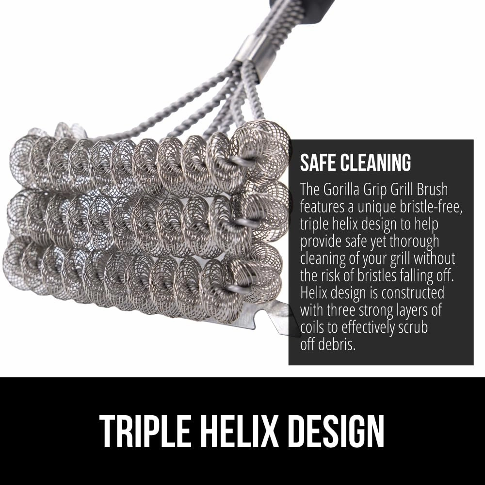 GORILLA GRIP Heavy Duty No Bristle Triple Helix Grill Brush with Scraper for Outdoor Grills, Safe Steam Cleaning, Oversized Handle with Bottle Opener, Dishwasher Safe BBQ Tools, 17.5 Inch, Black