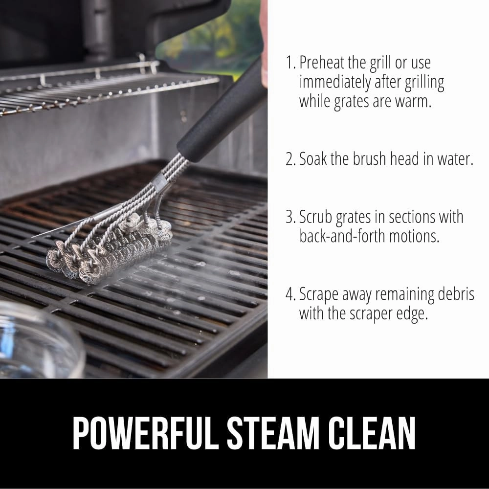 GORILLA GRIP Heavy Duty No Bristle Triple Helix Grill Brush with Scraper for Outdoor Grills, Safe Steam Cleaning, Oversized Handle with Bottle Opener, Dishwasher Safe BBQ Tools, 17.5 Inch, Black