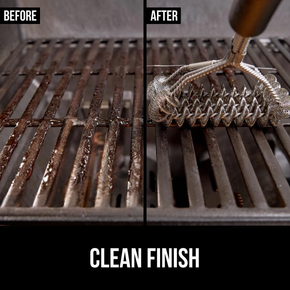 GORILLA GRIP Heavy Duty No Bristle Triple Helix Grill Brush with Scraper for Outdoor Grills, Safe Steam Cleaning, Oversized Handle with Bottle Opener, Dishwasher Safe BBQ Tools, 17.5 Inch, Black