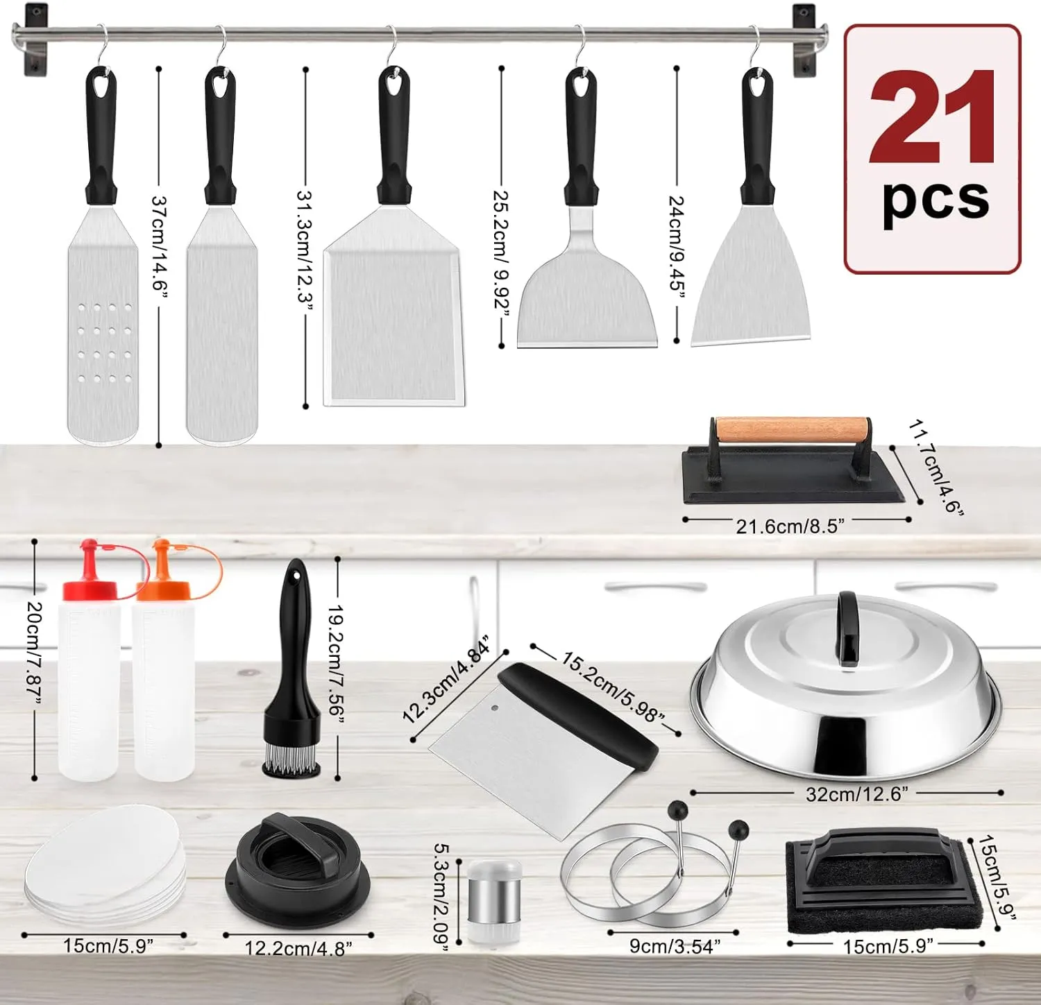 Griddle Accessories Kit, Leonyo 21Pcs Stainless SteelFlat Top Grill Accessories Outdoor, BBQ Metal Spatula Tool Set with 12" Basting Cover, Bacon Press, Burger Patty Maker, Meat Tenderizer