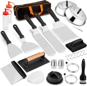 Griddle Accessories Kit, Leonyo 21Pcs Stainless SteelFlat Top Grill Accessories Outdoor, BBQ Metal Spatula Tool Set with 12" Basting Cover, Bacon Press, Burger Patty Maker, Meat Tenderizer