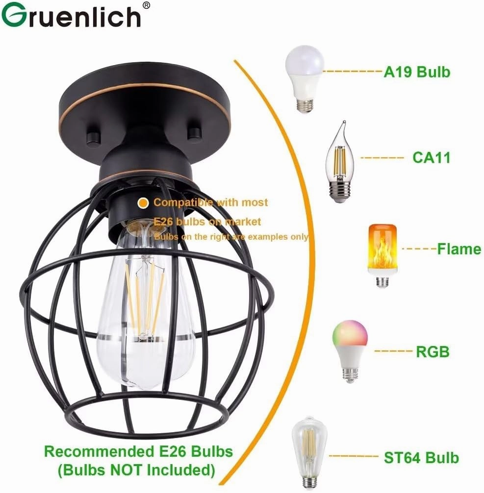 GRUENLICH Semi Flush Mount Ceiling Light Fixture for Outdoor and Indoor, E26 Medium Base 60W Max, Metal Housing and Metal Cage, Bulb not Included, 1-Pack, Oil Rubbed Bronze Finish