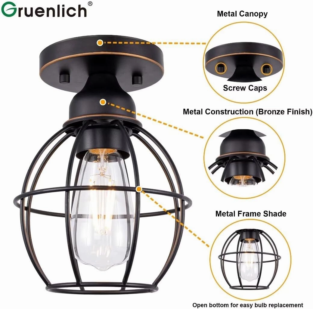 GRUENLICH Semi Flush Mount Ceiling Light Fixture for Outdoor and Indoor, E26 Medium Base 60W Max, Metal Housing and Metal Cage, Bulb not Included, 1-Pack, Oil Rubbed Bronze Finish