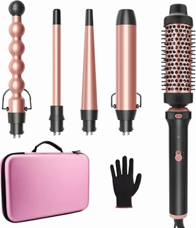 GSKY 5 in 1 Curling Iron Set, Hair Curler with Curling Brush and 4 Interchangeable Ceramic Curling Wand(0.5”-1.25”), Fast Heating, Include Suitcase & 2 Clips & Heat Protective Glove