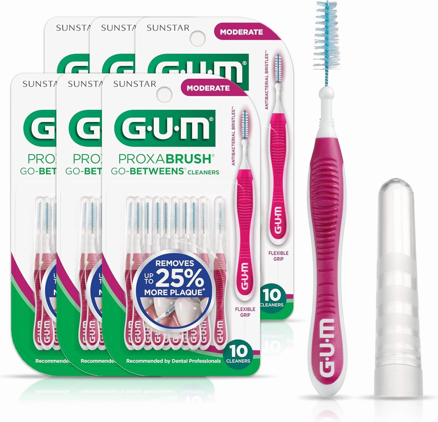 GUM Proxabrush Go-Betweens - Moderate, Interdental Brushes Between Teeth, Dental Picks for Plaque Removal, Safe for Braces & Dental Devices