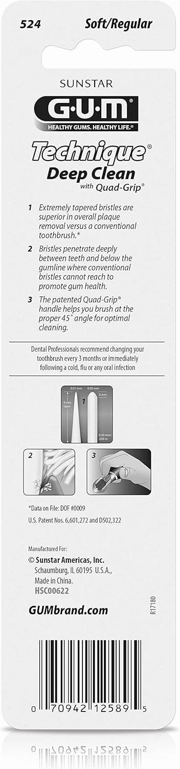 GUM Technique Deep Clean Toothbrush - Compact Soft - Soft Toothbrushes for Adults with Sensitive Gums - Extra Fine Bristles, 2ct (6pk)