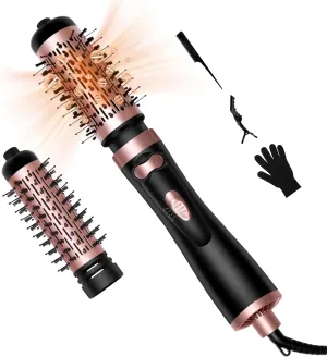 Hair Dryer Brush, 3-in-1 Rotating Round Hot Air Spin Brush Set with 2 Brushes (2" & 1.5"), Negative Ionic Blow Volumizer, 2 Detachable Auto-Rotating Curling Brush (Golden Black)