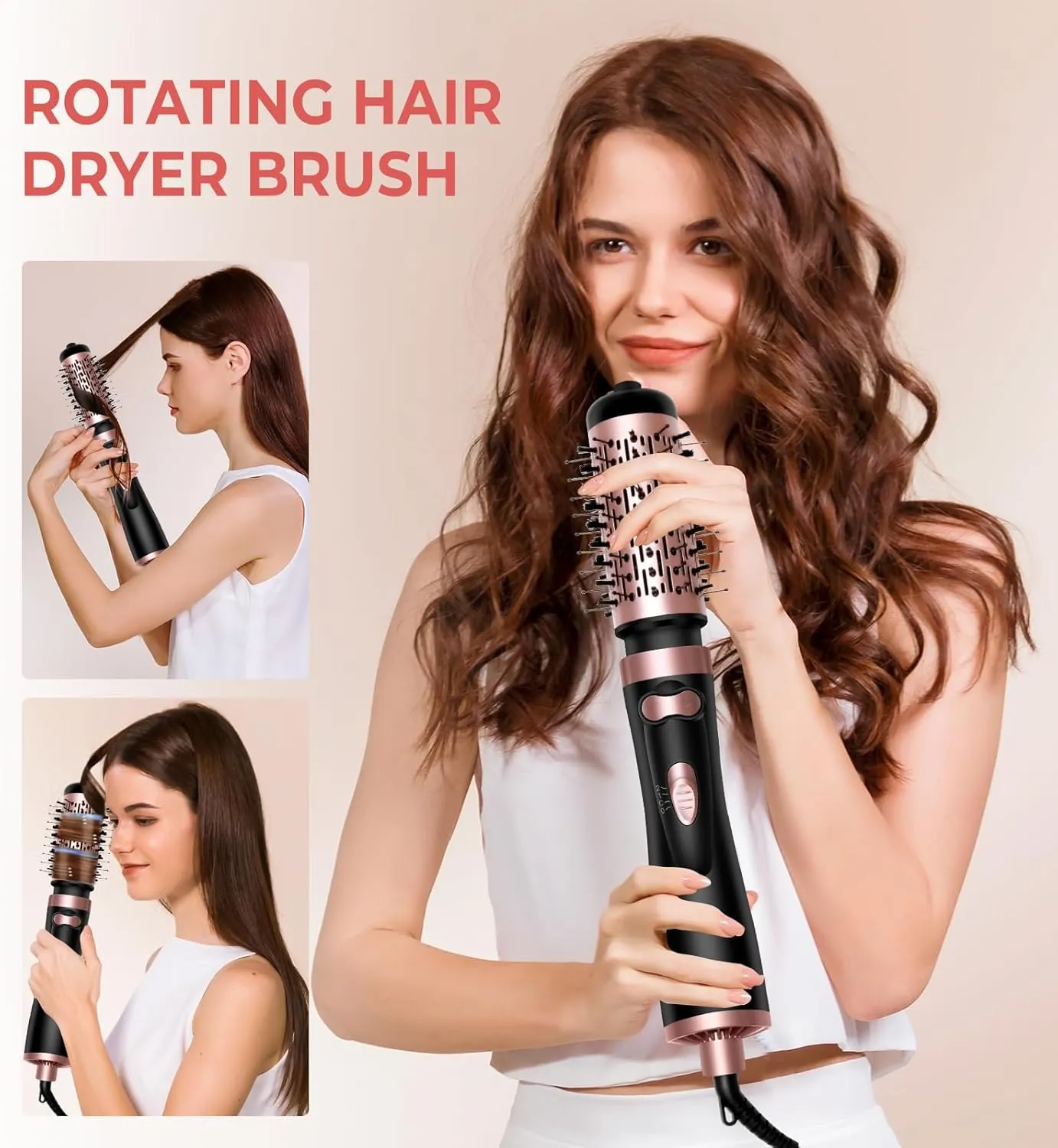 Hair Dryer Brush, 3-in-1 Rotating Round Hot Air Spin Brush Set with 2 Brushes (2" & 1.5"), Negative Ionic Blow Volumizer, 2 Detachable Auto-Rotating Curling Brush (Golden Black)