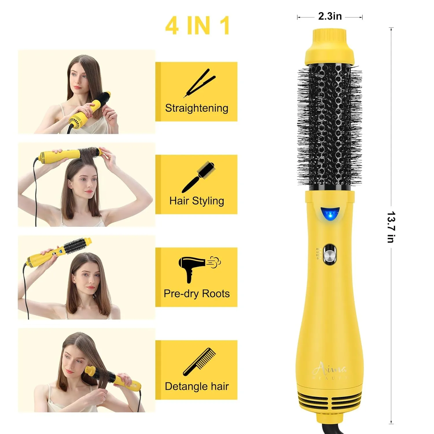 Hair Dryer Brush, Aima Beauty 4-in-1 Upgrade Hot Air Straightener Curler Function for Women, Hair Styling Tools, Yellow-Round