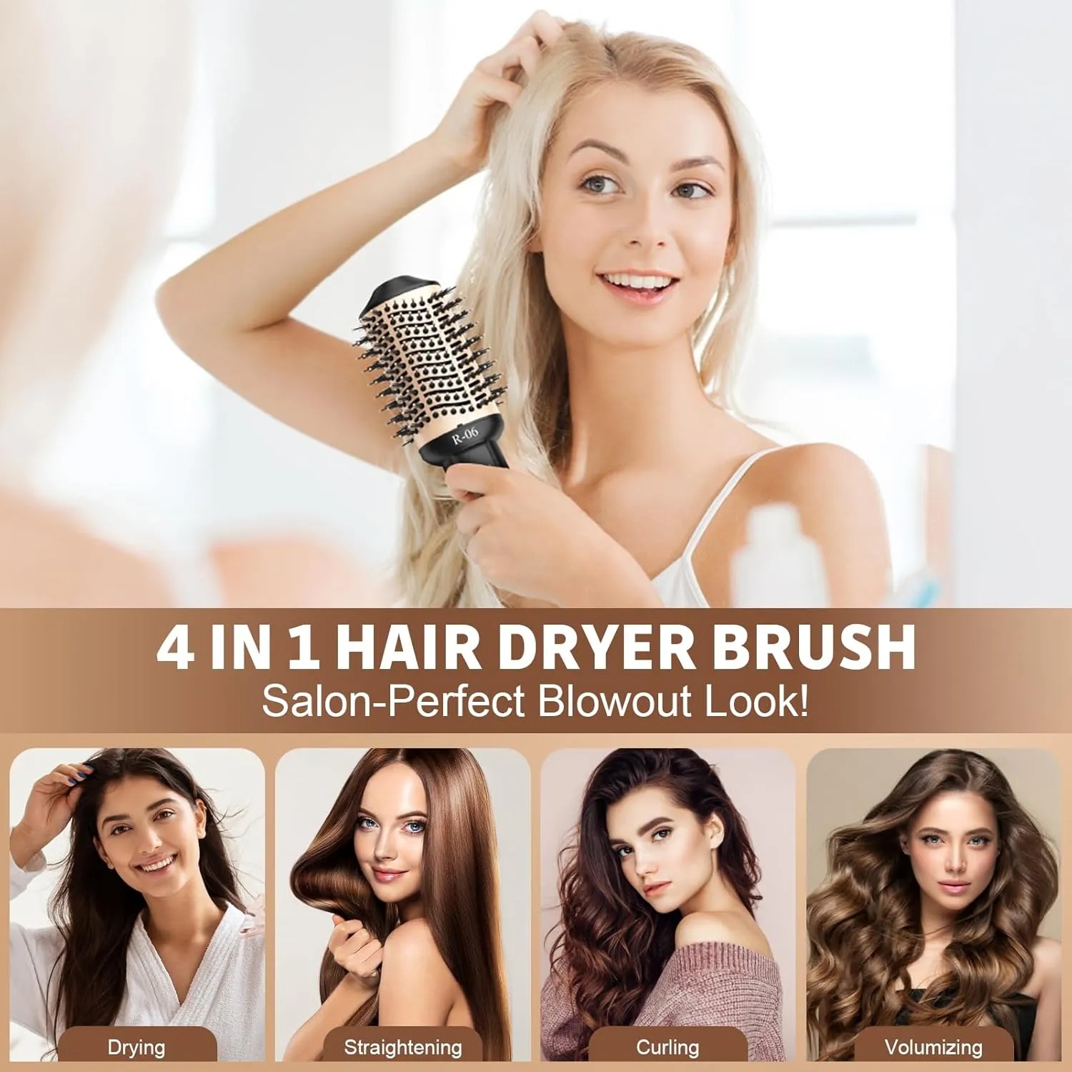 Hair Dryer Brush Blow Dryer Brush in One, 4 in 1 Hair Dryer and Styler Volumizer with Oval Barrel, Professional Salon Hot Air Brush for All Hair Types, Gold