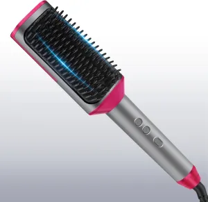 Hair Straightener Brush Straightening Comb - Ionic Heated Brush Straightener for Women, Plus 3x Dense Bristles Ceramic Styler for Thick Curly Hair, 16 Temps, 2 in 1 Flat Iron Brush Dual Voltage Travel